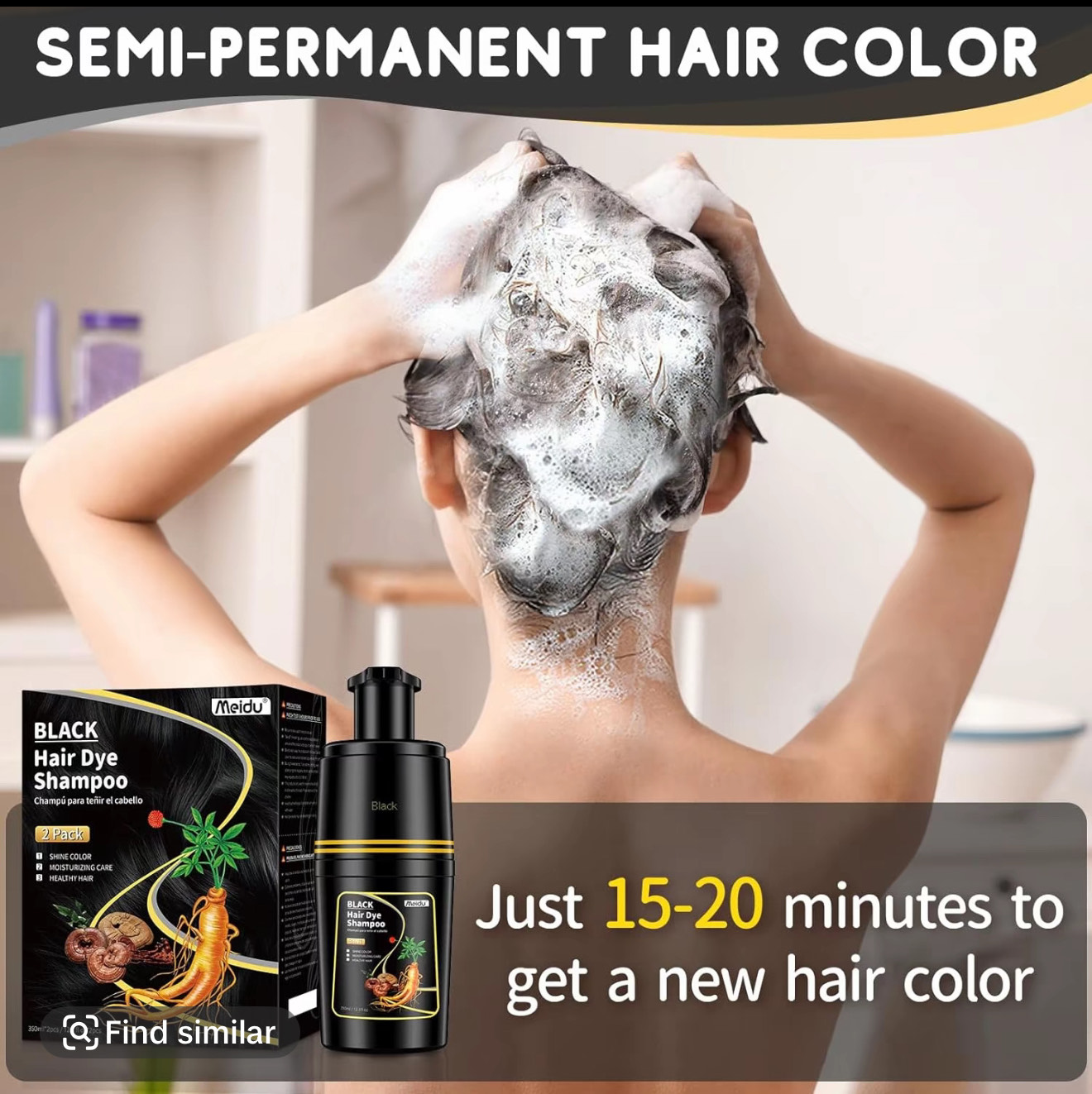 Black Hair Dye Shampoo for Gray Hair – Semi-Permanent Hair Color for Women & Men (350ml x 2) - Image 2