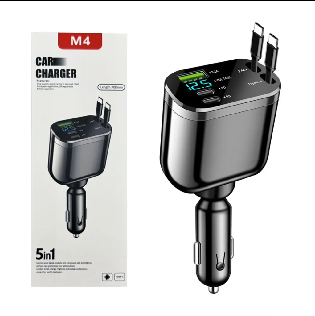 5 in 1 Super Fast Charging Dual Pull Out Retractable Car Charger 12 24V Output TYPE C Car Adapters with QC 3.0 Function