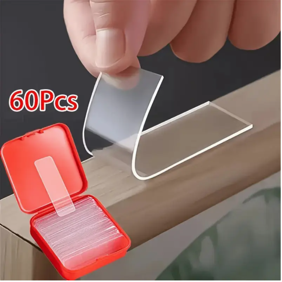 60pcs Multi-Purpose Double-Sided Tape Set – Transparent, Removable & Waterproof Hanging Strips