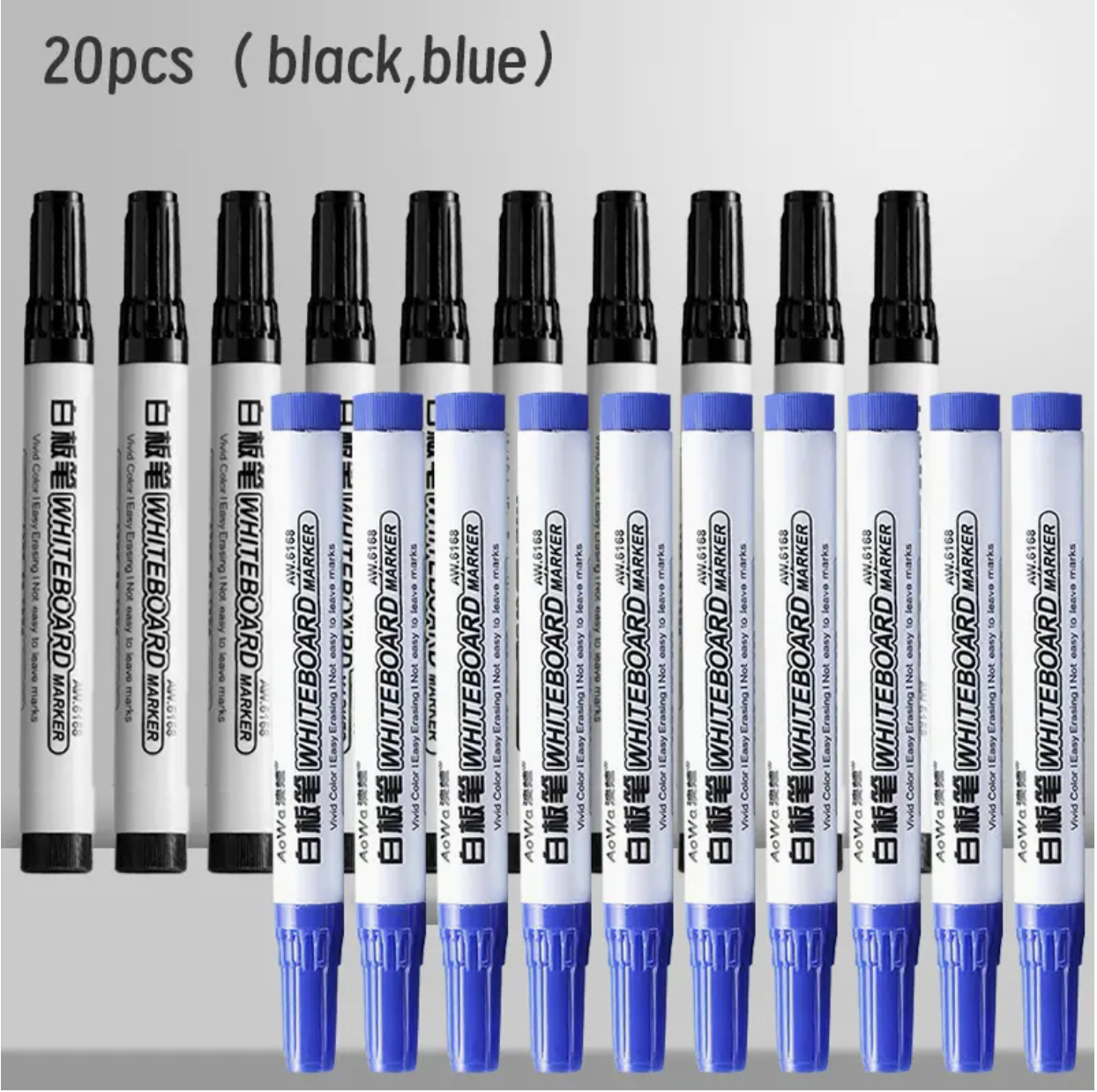 20pcs Erasable Whiteboard Marker Pen Set – Black/Red/Blue | Teaching Chalk Tool Markers for Office, School & Art | Water-Based Ink, Easy to Erase, Built-In Eraser | Whiteboard Pens for Teachers, Students & Office Workers