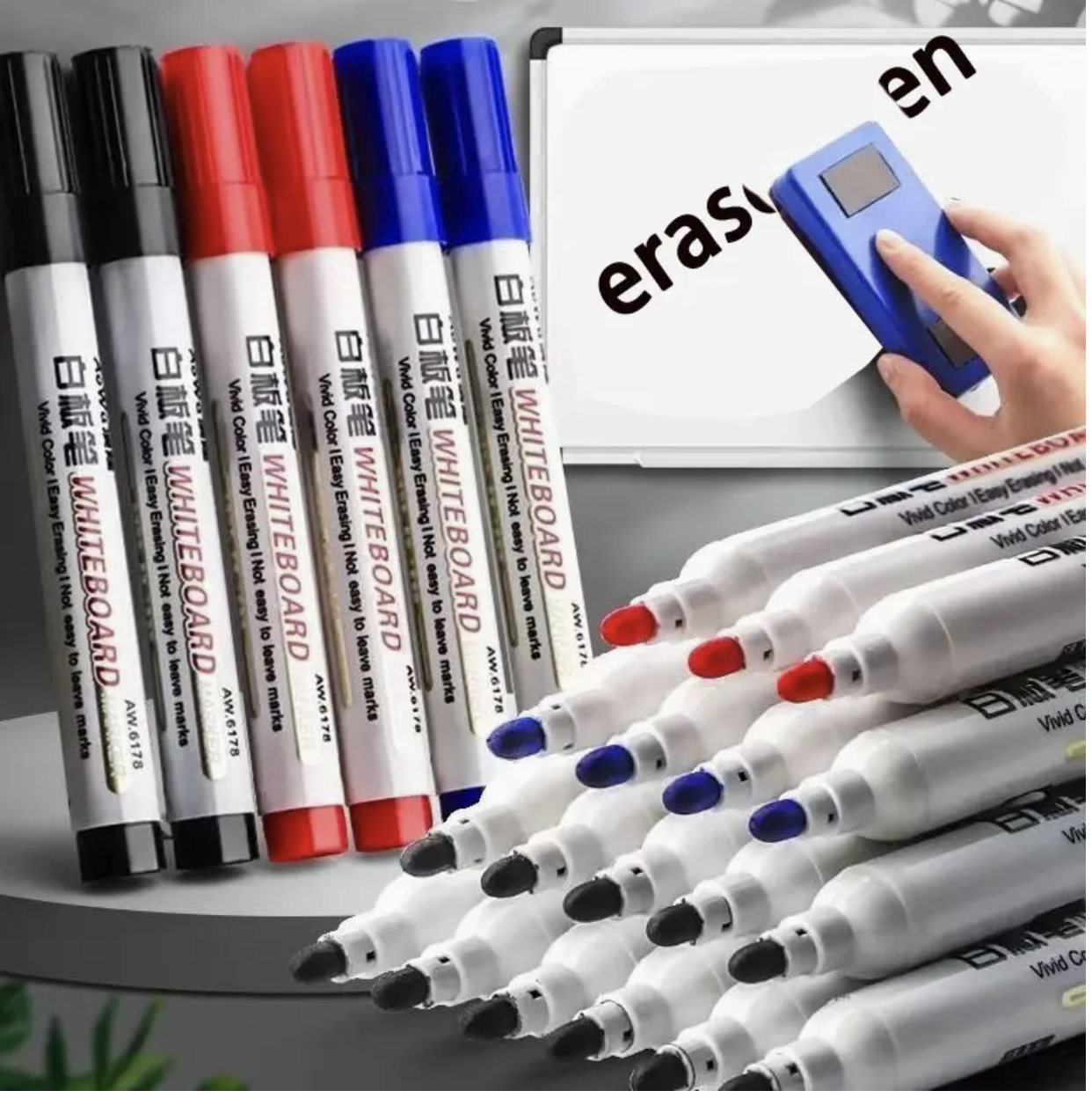 20pcs Erasable Whiteboard Marker Pen Set – Black/Red/Blue | Teaching Chalk Tool Markers for Office, School & Art | Water-Based Ink, Easy to Erase, Built-In Eraser | Whiteboard Pens for Teachers, Students & Office Workers - Image 6