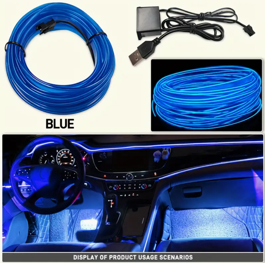 3M Blue Car LED Strip Decoration – Flexible Neon Rope Tube Atmosphere Light with USB | Auto Interior Ambient Lighting - Image 4