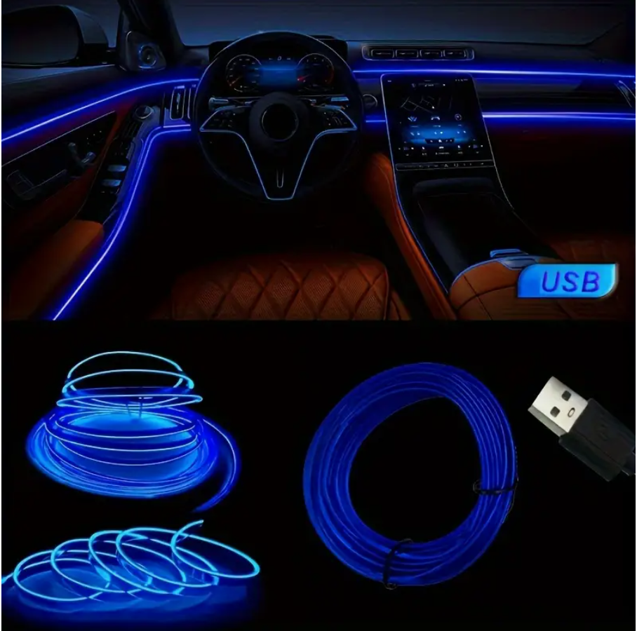 3M Blue Car LED Strip Decoration – Flexible Neon Rope Tube Atmosphere Light with USB | Auto Interior Ambient Lighting