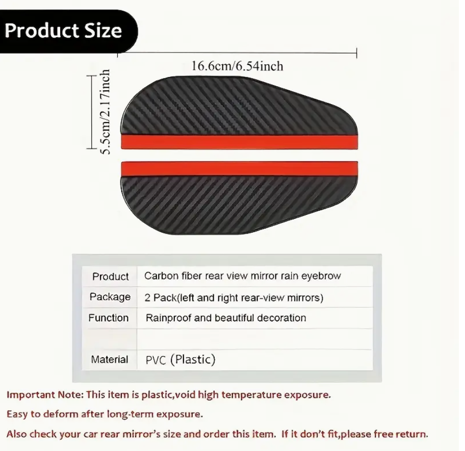 2PCS Upgraded Carbon Fiber Texture Car Mirror Rain Guards – Windproof Side Mirror Visors | 90% Water Reduction for Clearer Visibility | Aerodynamic Car Mirror Protectors with Sporty Style | Universal Fit for Cars, SUVs & Trucks - Image 3