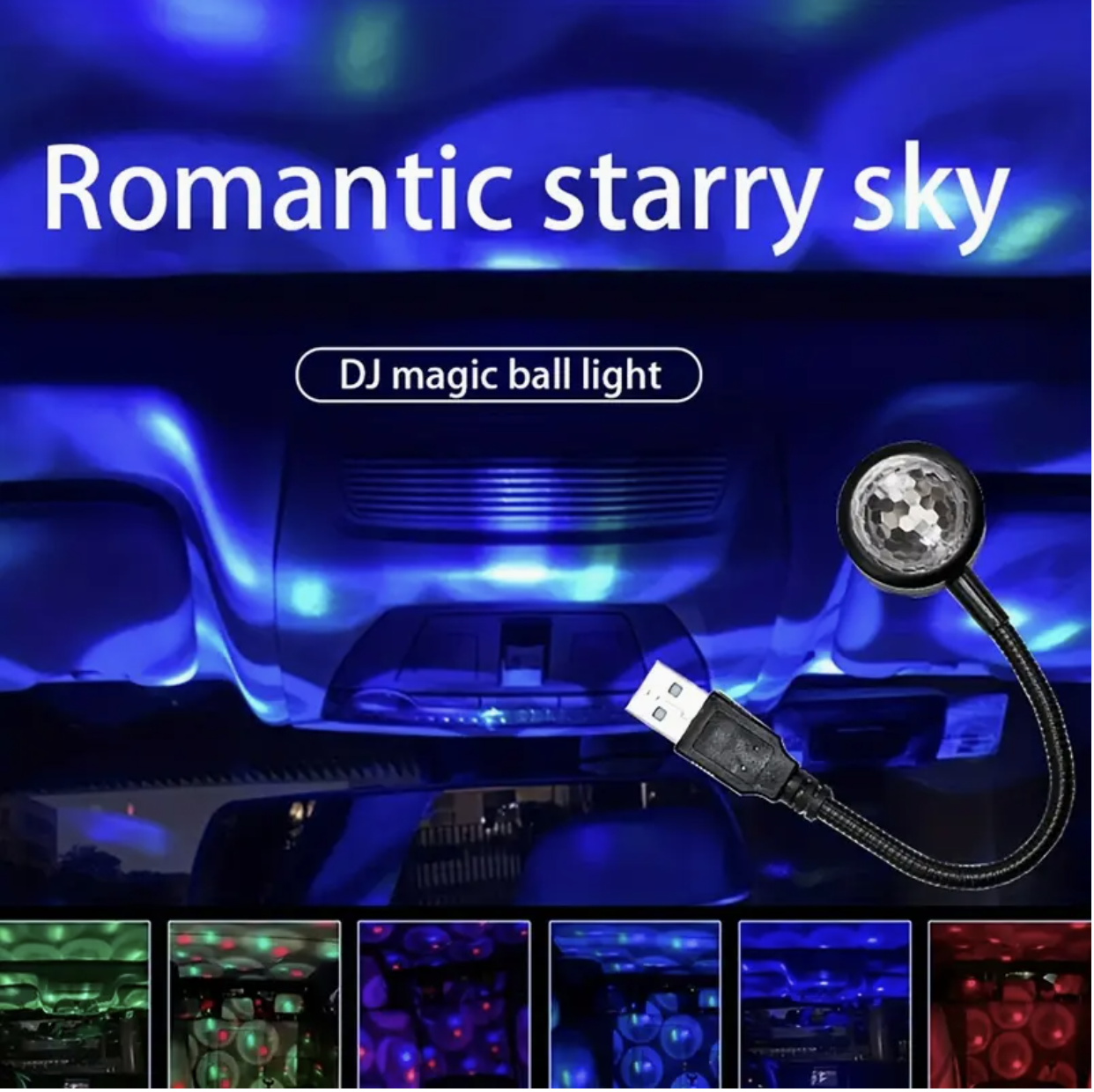 USB Car Music Rhythm LED Projector – Magic Ball Lamp with Voice Control | Party & Romantic Atmosphere Lighting for Car Interior