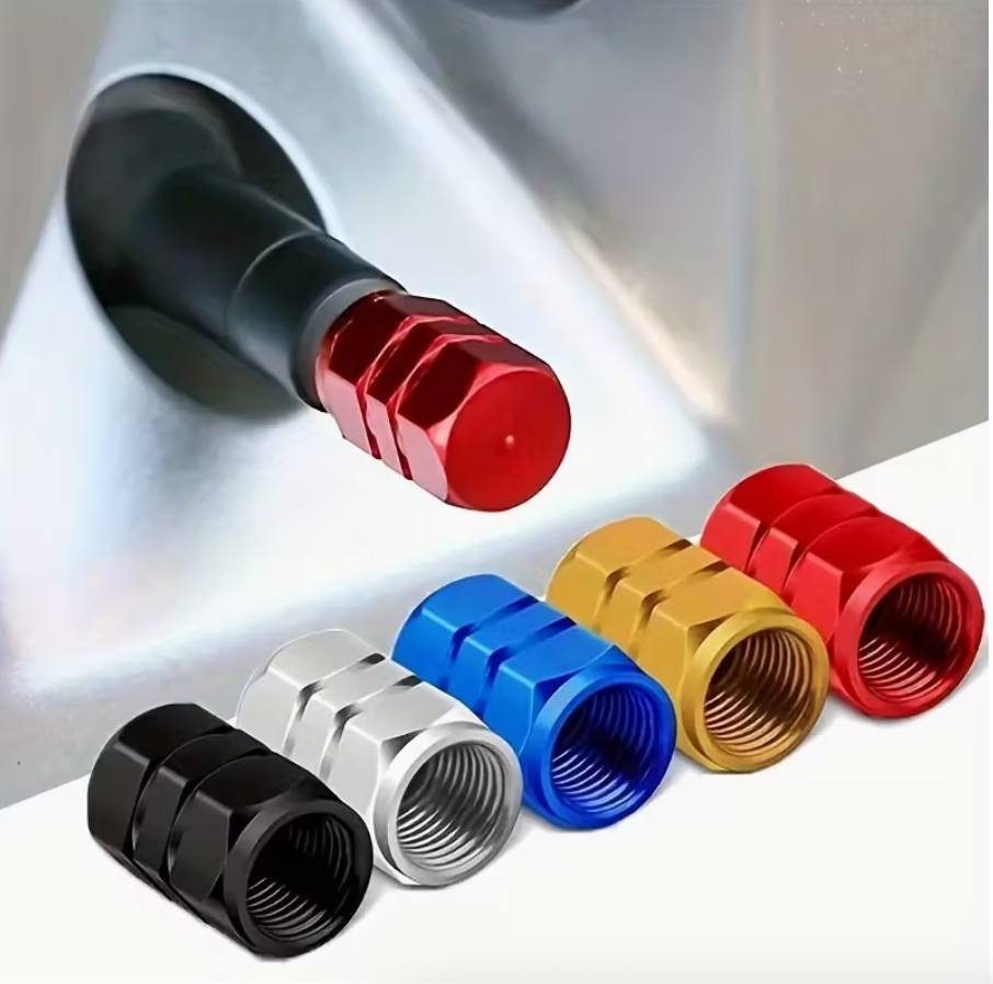 4pcs Cool Tire Valve Stem Covers Aluminum Alloy • Hexagonal Design • Dustproof • Automotive Wheel Accessories